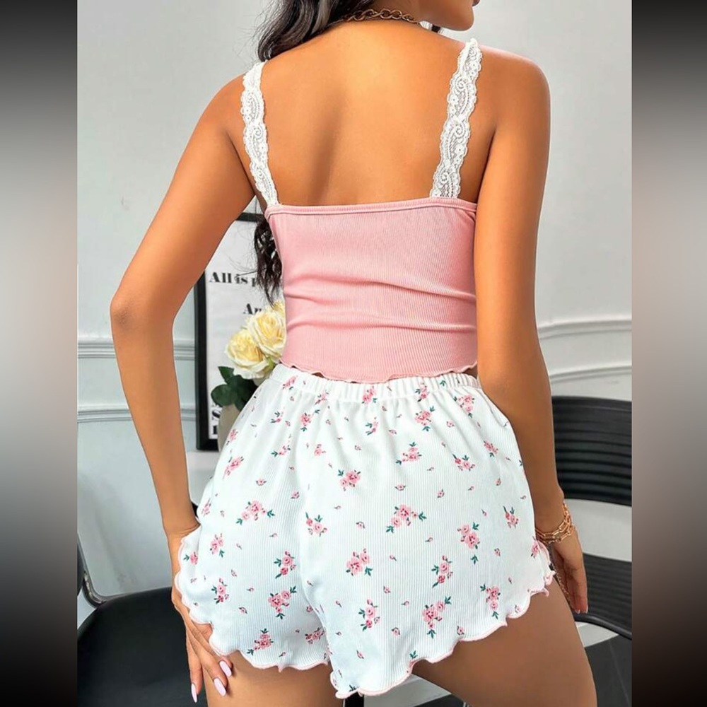 Floral Print Lace Trim Bow Front PJ Set - Picture 4 of 4
